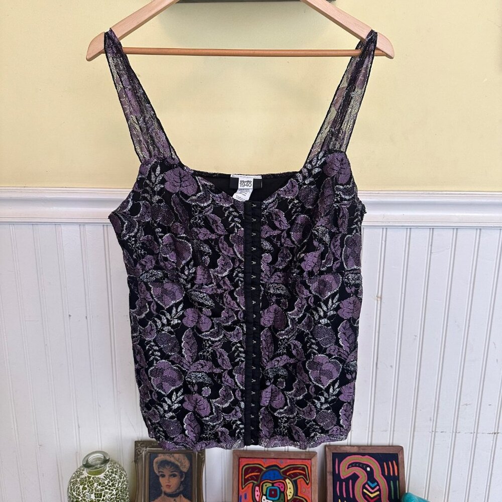 Studio 1940 Black & Purple Floral Lace Tank Top  vintage 90s plus size